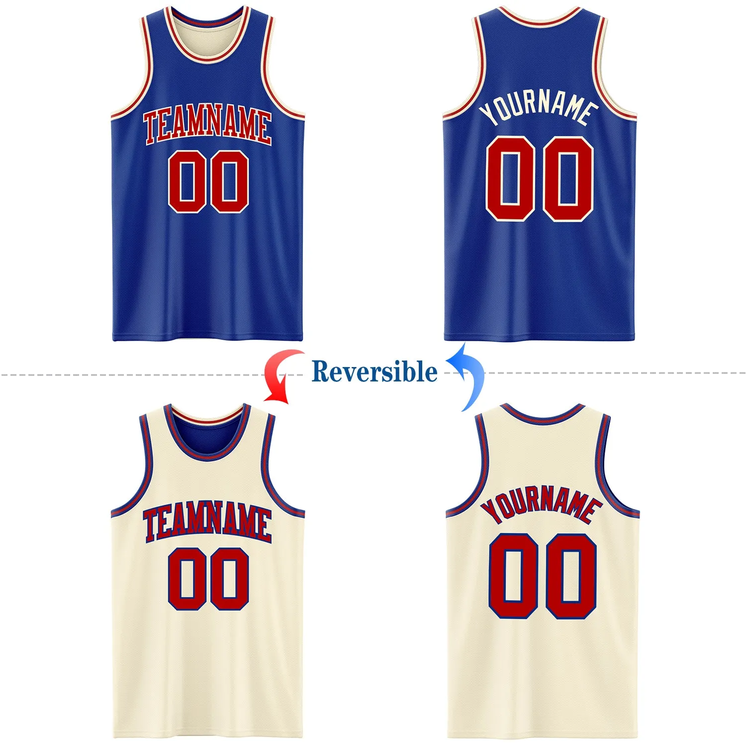 Custom Reversible Royal Red-Cream Double Side Basketball Jersey