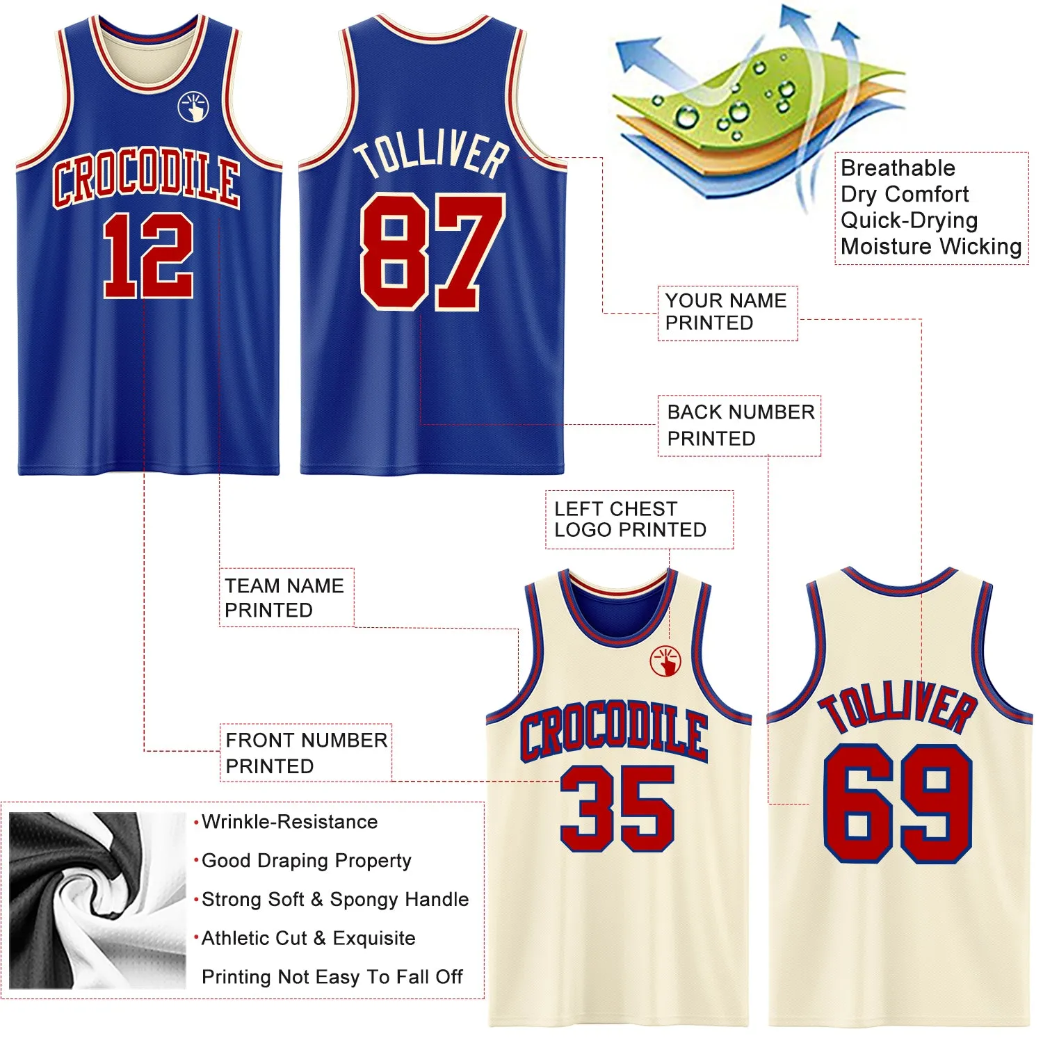 Custom Reversible Royal Red-Cream Double Side Basketball Jersey