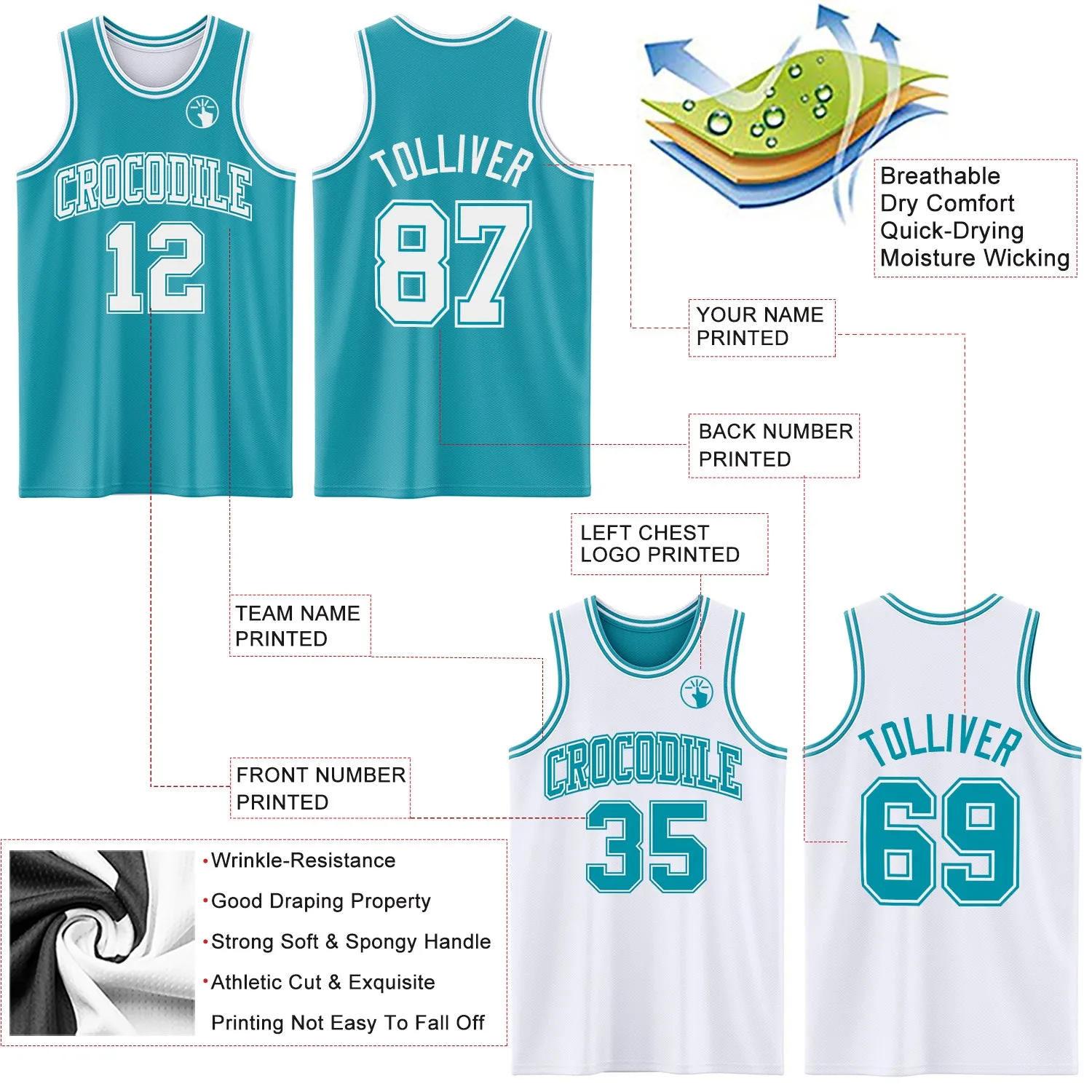 Custom Reversible Teal White Double Side Basketball Jersey