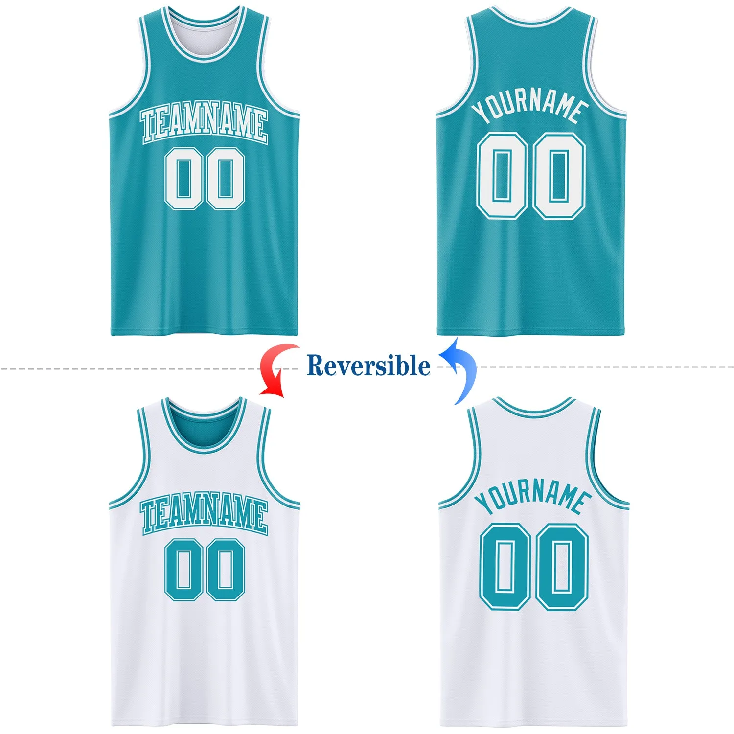 Custom Reversible Teal White Double Side Basketball Jersey