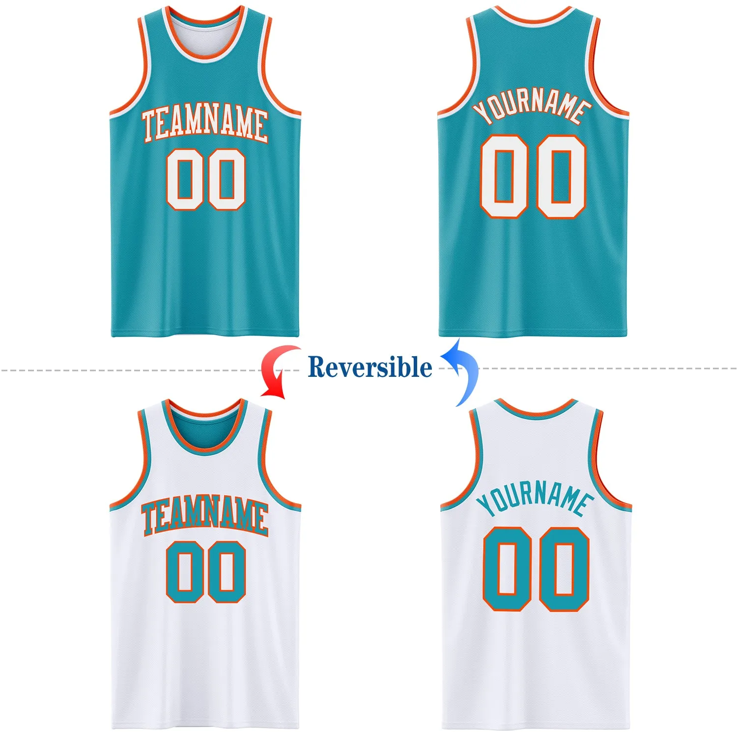 Custom Reversible Teal White-Orange Double Side Basketball Jersey