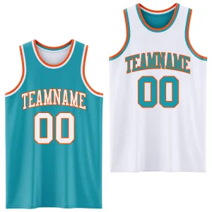 Custom Reversible Teal White-Orange Double Side Basketball Jersey