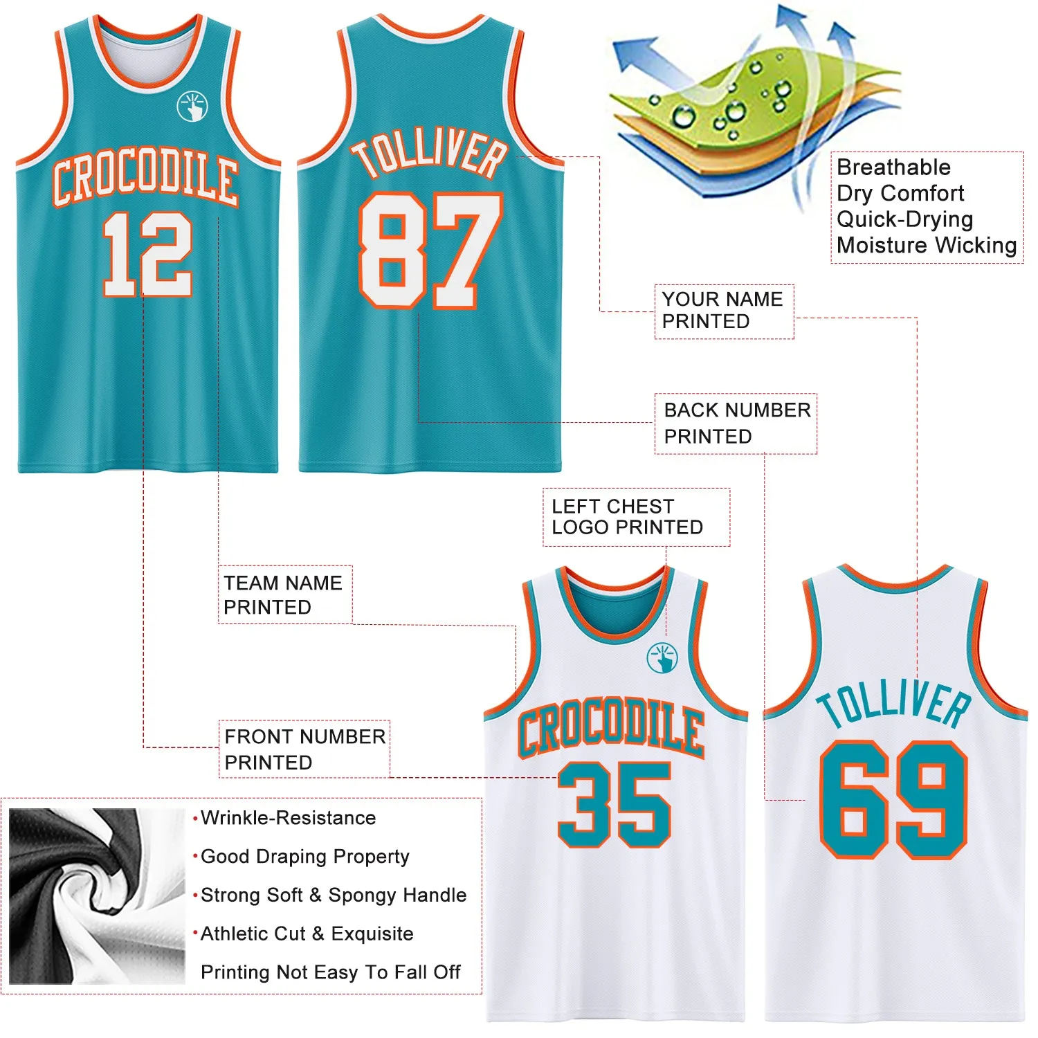 Custom Reversible Teal White-Orange Double Side Basketball Jersey