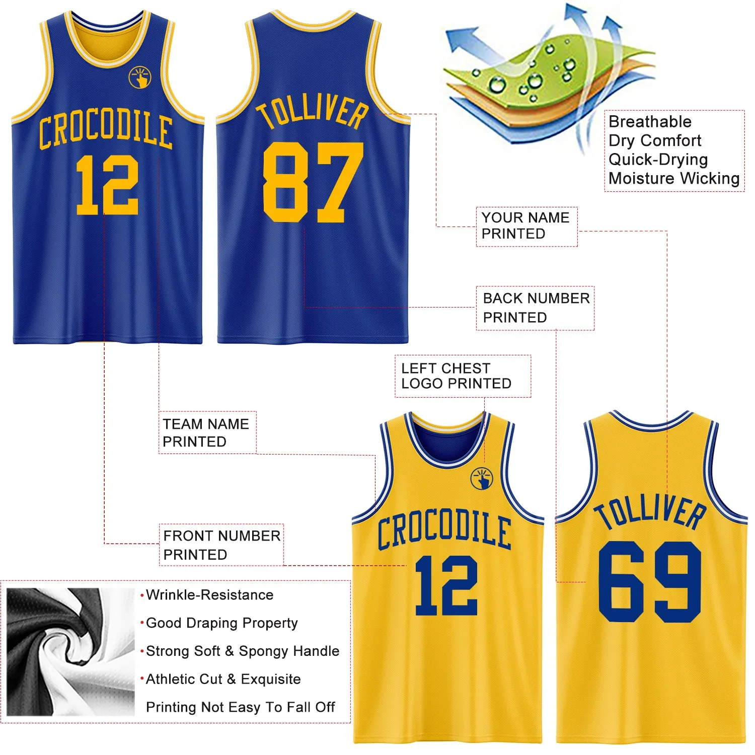 Custom Royal Gold-White Reversible Double Side Basketball Jersey