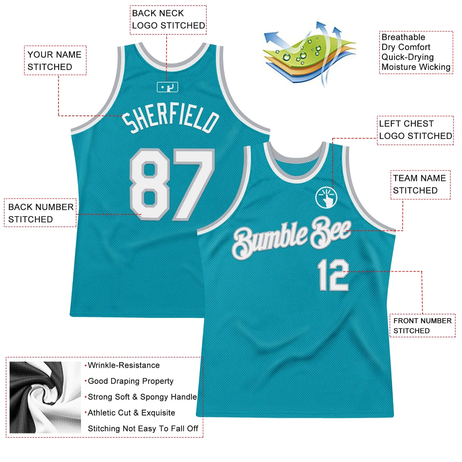 Custom Teal White-Gray Authentic Throwback Basketball Jersey