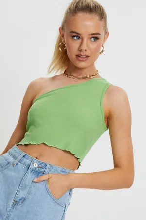 Green Lettuce Hem One Shoulder Ribbed Top