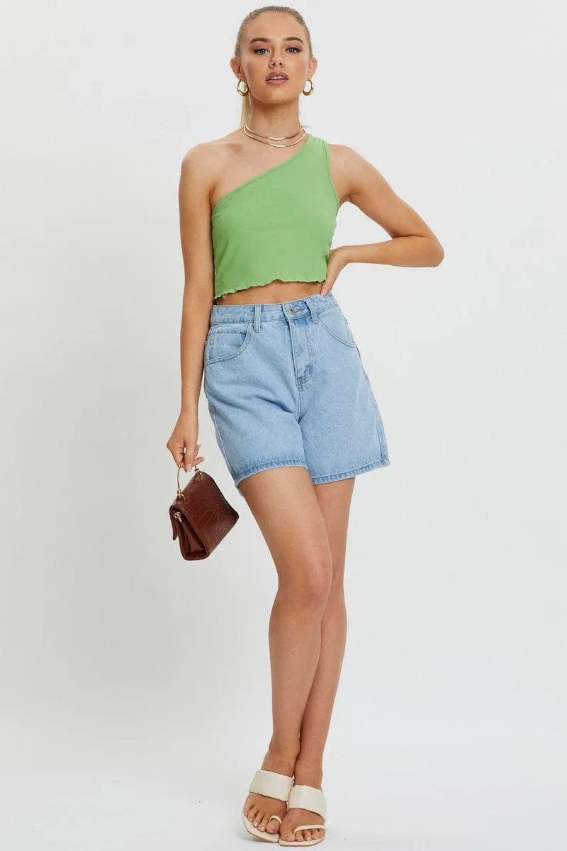 Green Lettuce Hem One Shoulder Ribbed Top