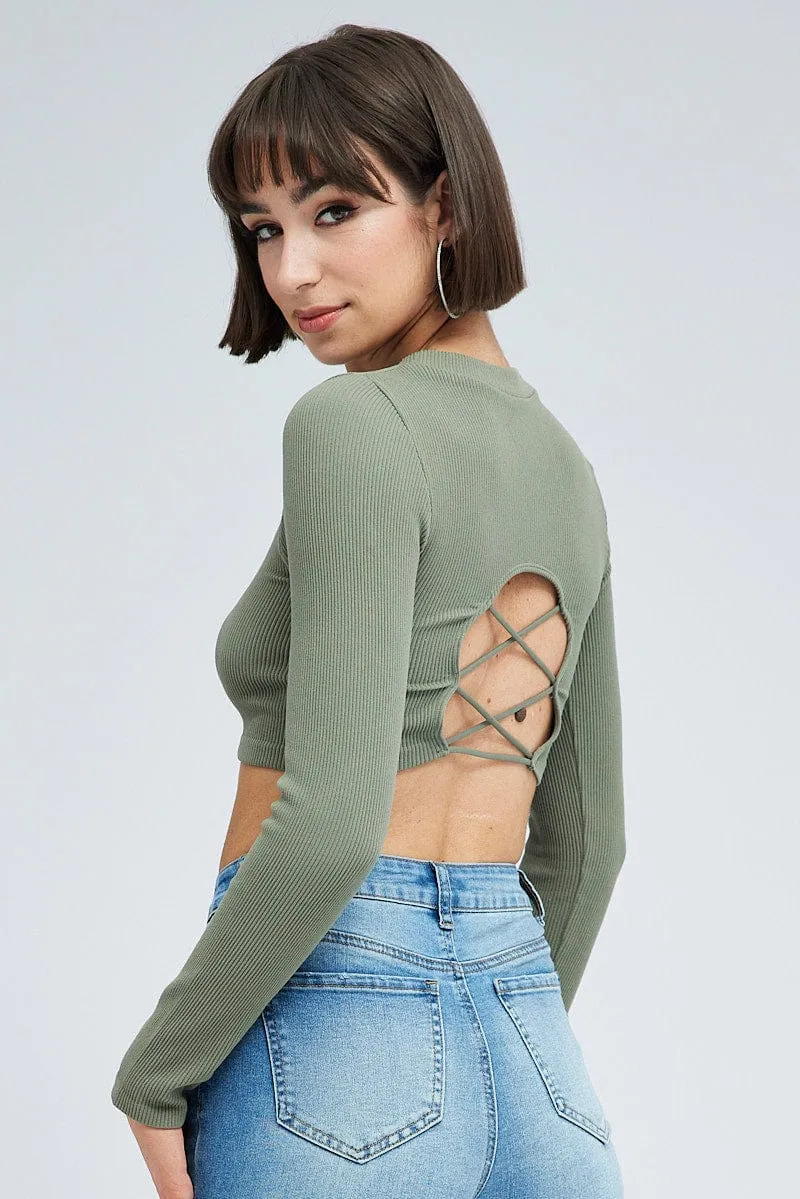 Green Top Long Sleeve Round Neck String Back Seamless