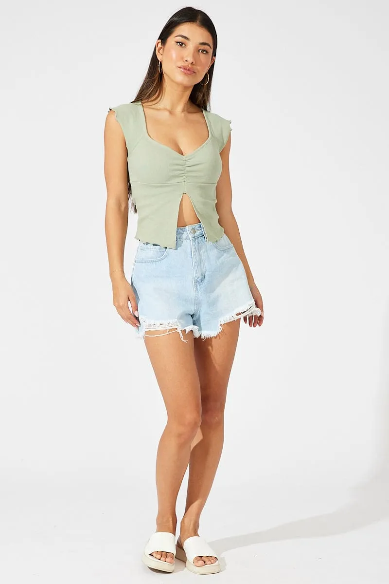 Green Top Split Front Short Sleeve