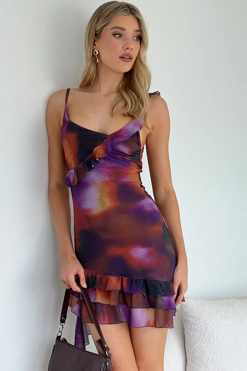 Multi Abstract Bodycon Dress Ruffle Hem Mini Mesh