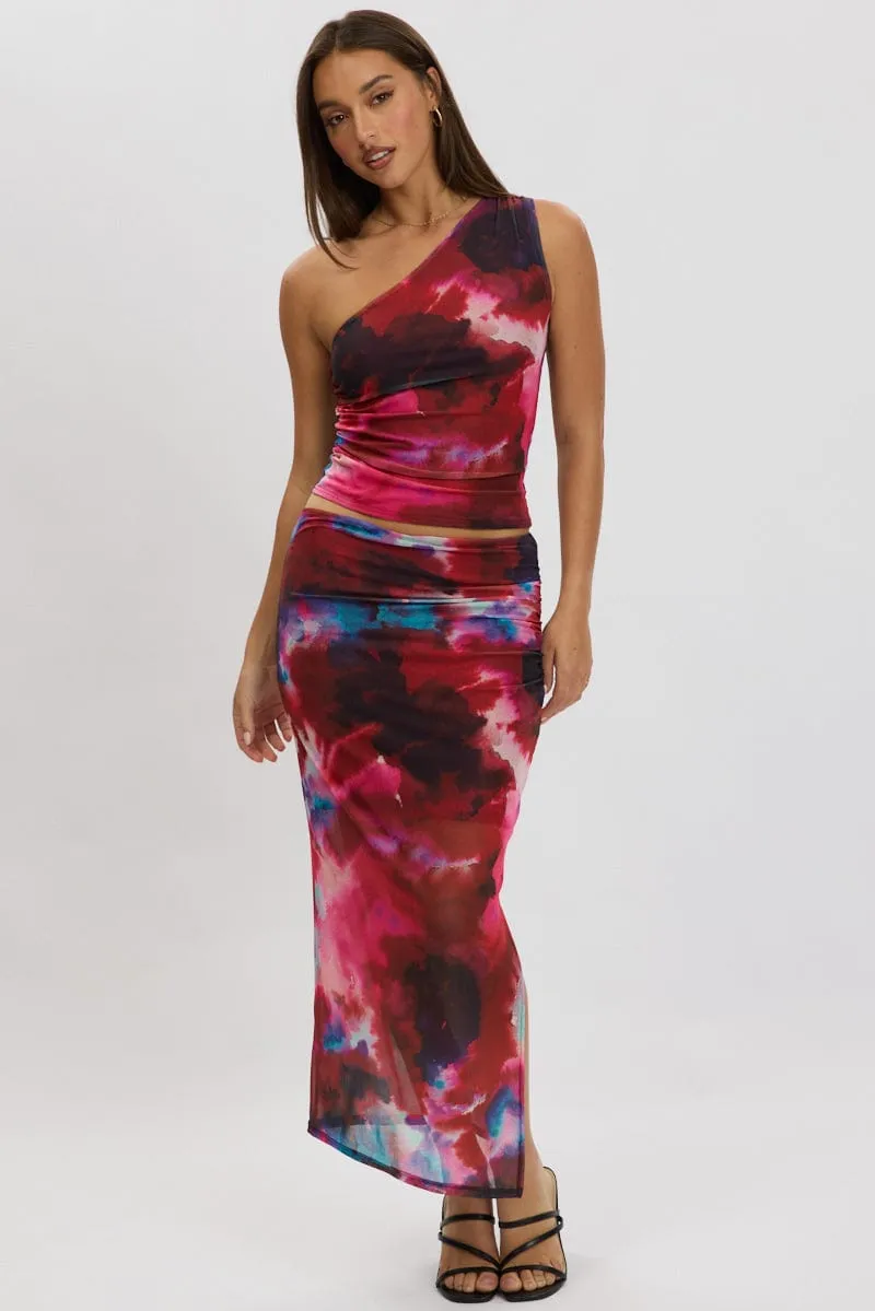 Multi Abstract One Shoulder Top Sleeveless Mesh