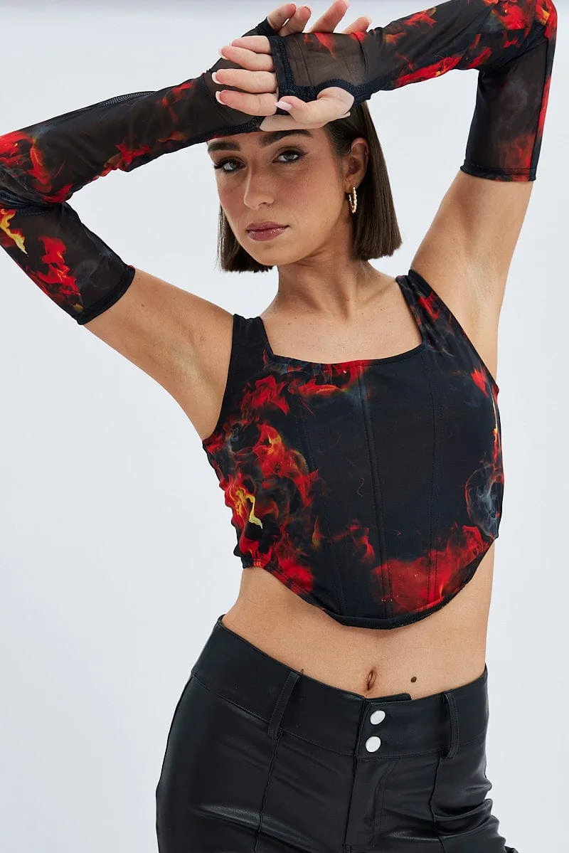 Multi Print Corset & Long Sleeve Set Scoop Neck Semi-Crop Mesh