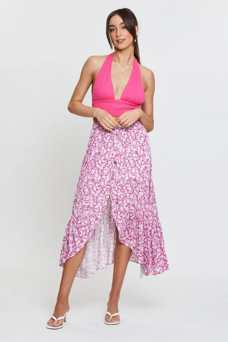 Pink Jersey Top Halter Neck Ribbed