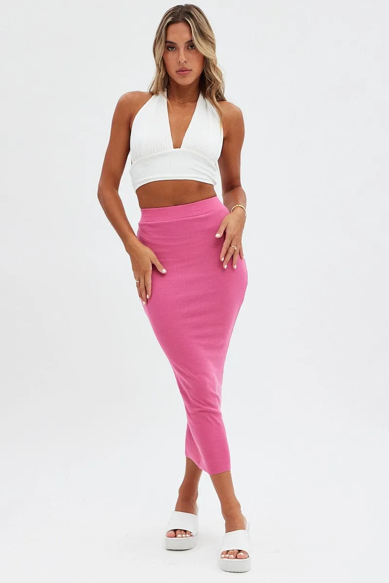 Pink Midi Skirt Front Split Jersey