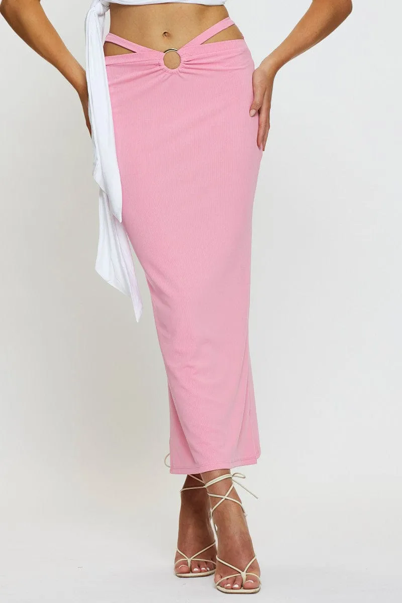 Pink Midi Skirt Rig Detailed Ribbed Jersey