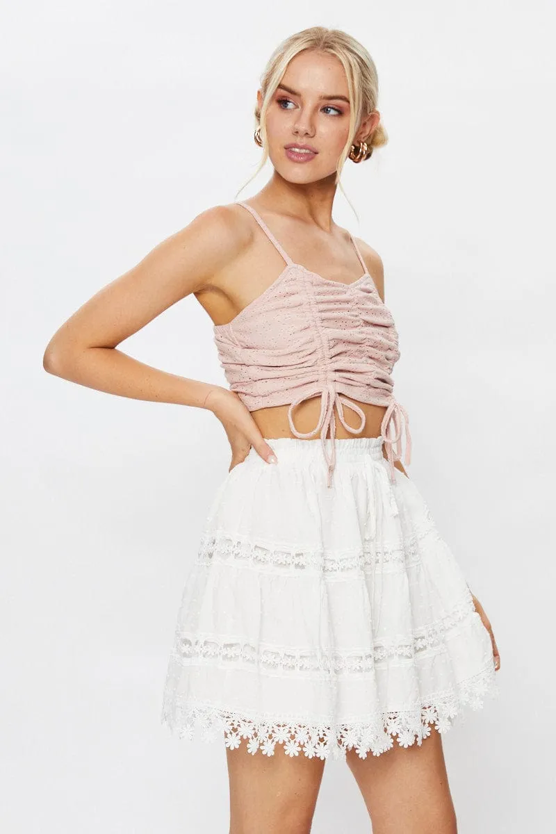 Pink Spaghetti Strap Jersey Eyelet Ruching With Drawcord
