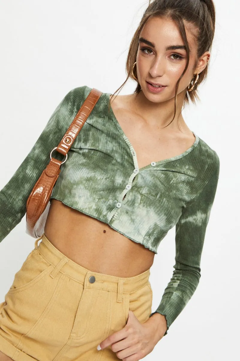 Print Tie Dye Button Front Top