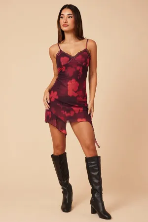 Red Floral Mini Dress Mesh