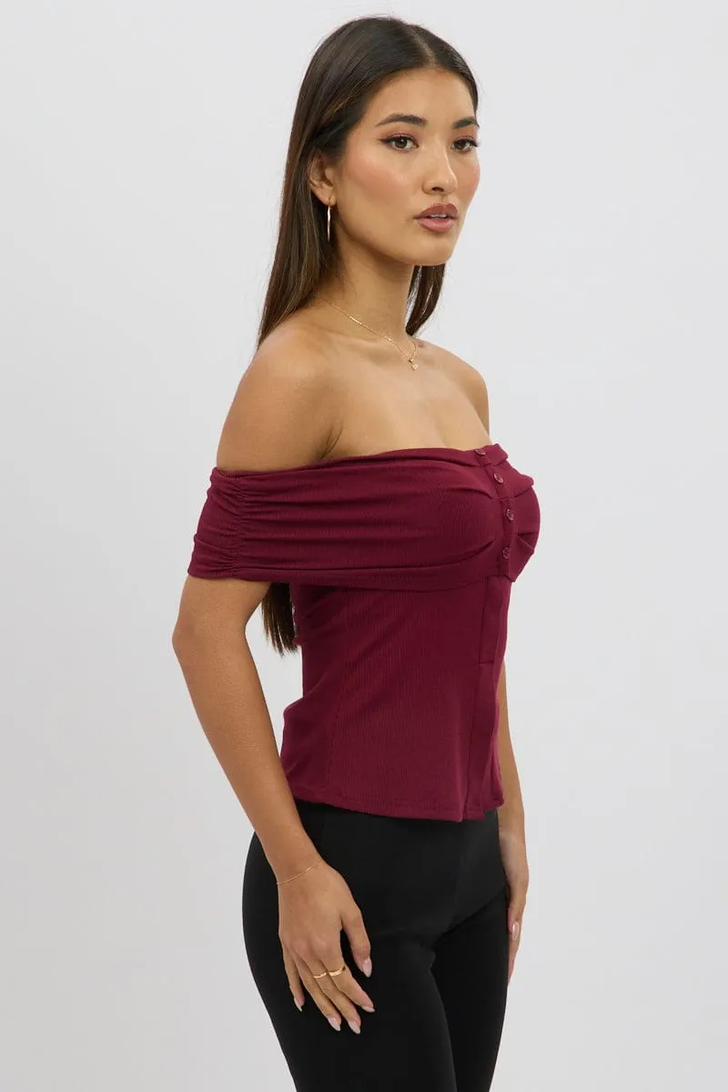 Red Off Shoulder Top Rib