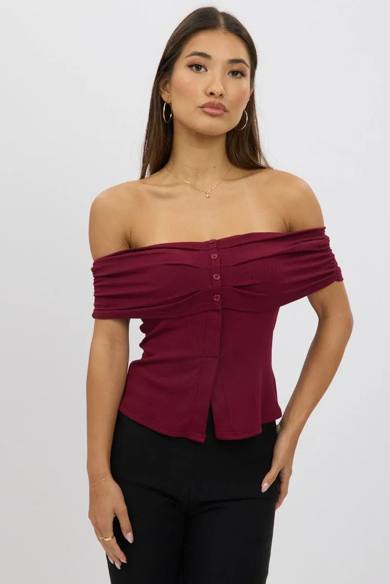 Red Off Shoulder Top Rib