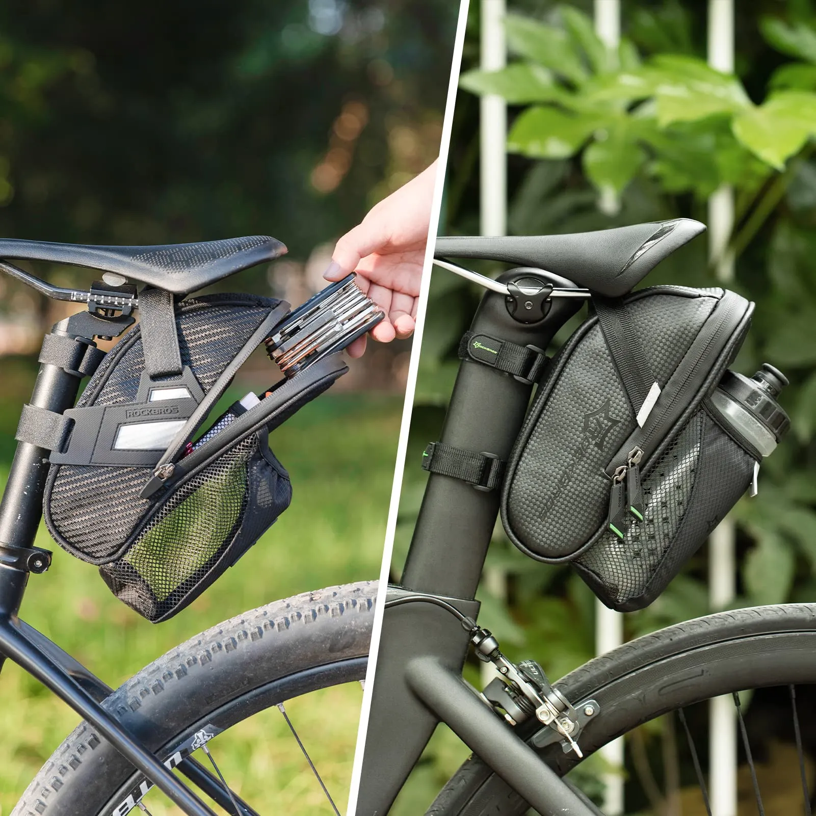 ROCKBROS Waterproof Bike Saddle Bag with Water Bottle Pouch, Under Seat Storage for Mountain and Road Bikes