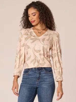 Three Quarter Puff Sleeve Embroidered V-Neck Printed Petite Knit Top