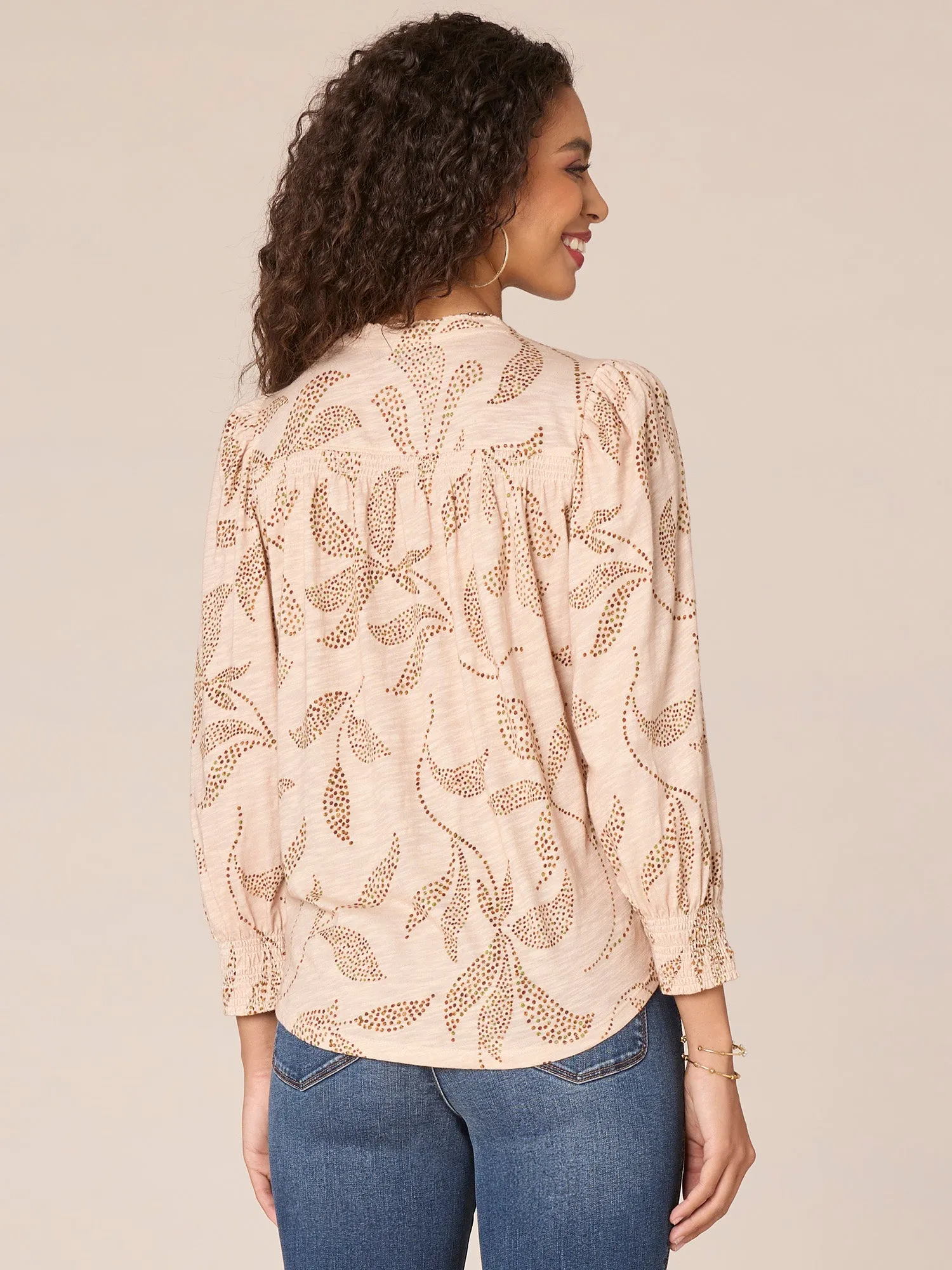 Three Quarter Puff Sleeve Embroidered V-Neck Printed Petite Knit Top