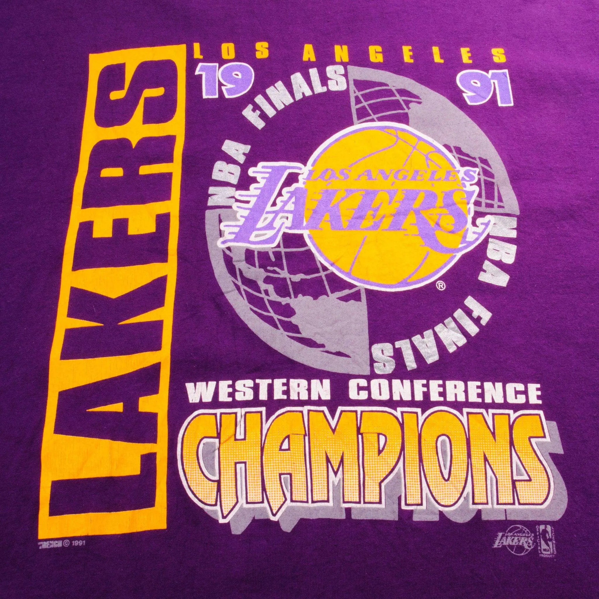 VINTAGE NBA LOS ANGELES LAKERS WESTERN CONF CHAMPIONS 1991 TEE SHIRT XL MADE USA