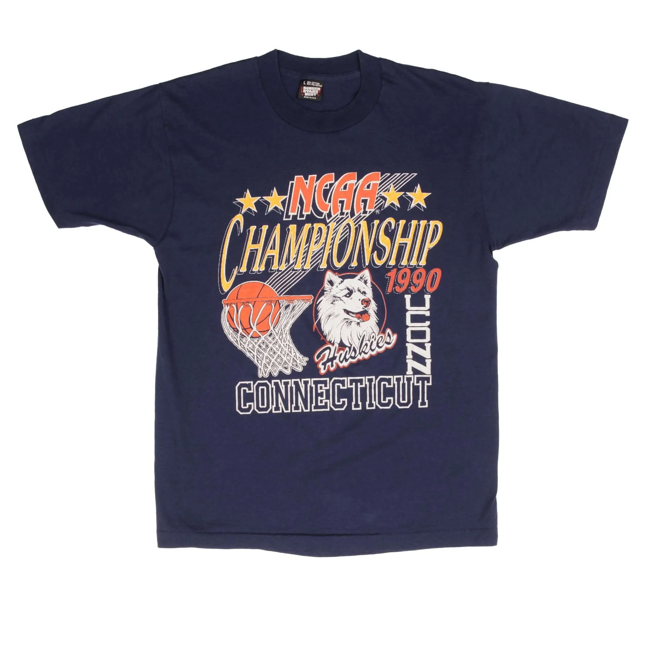 VINTAGE NCAA UCONN HUSKIES BASKETBALL 1990 TEE SHIRT SIZE MEDIUM MADE IN USA