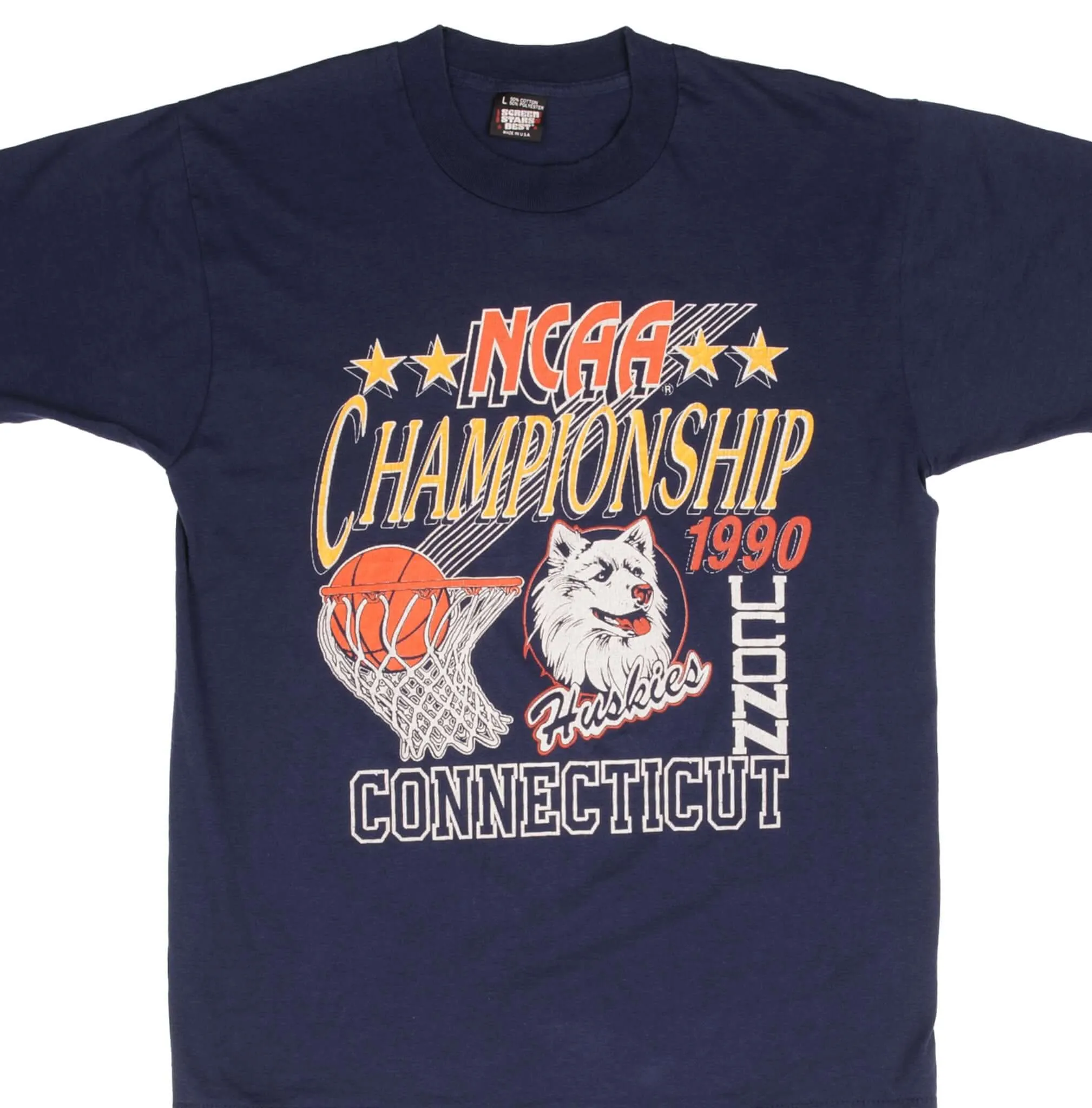 VINTAGE NCAA UCONN HUSKIES BASKETBALL 1990 TEE SHIRT SIZE MEDIUM MADE IN USA