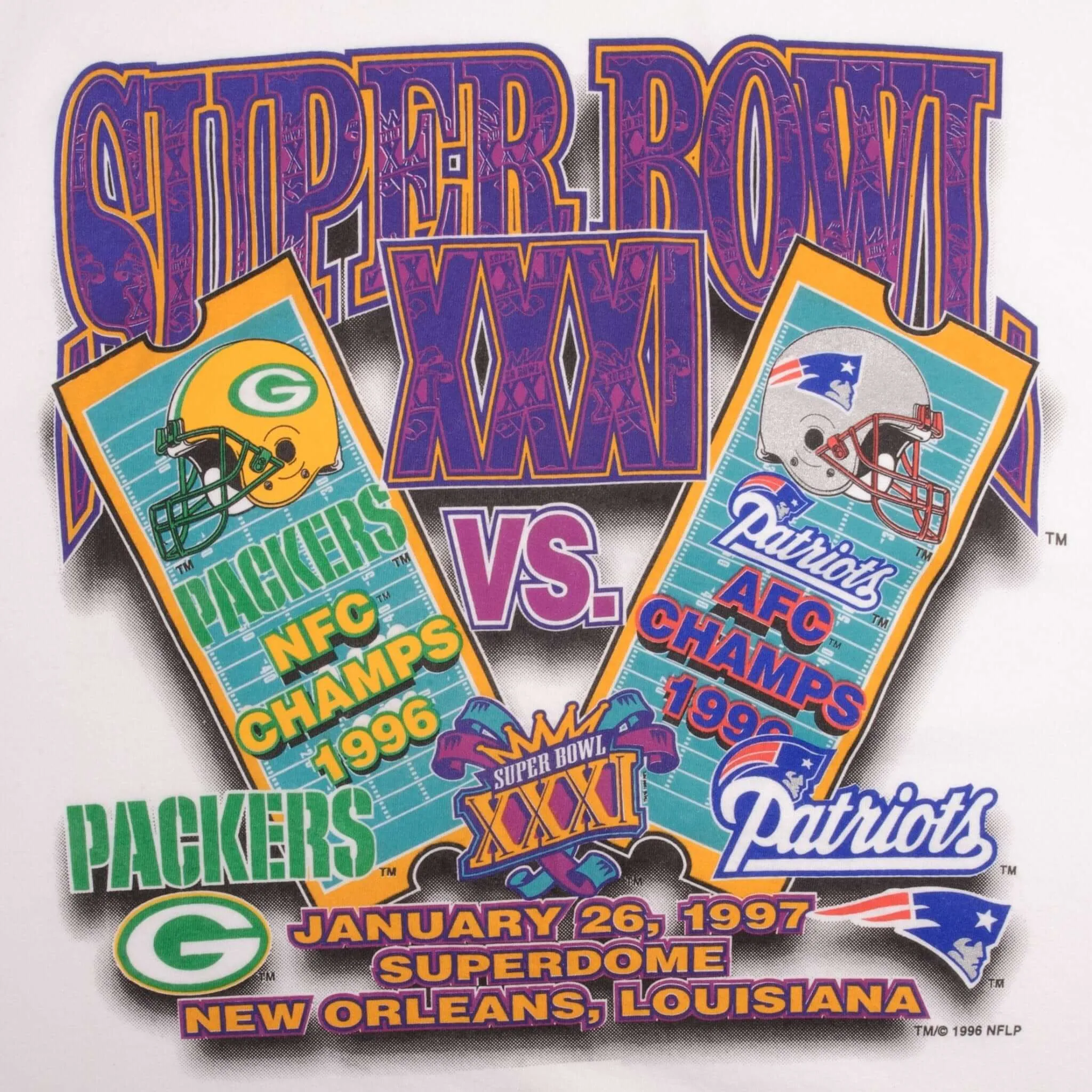 VINTAGE NFL PATRIOTS VS PACKERS SUPER BOWL XXXI 1997 TEE SHIRT SIZE XL