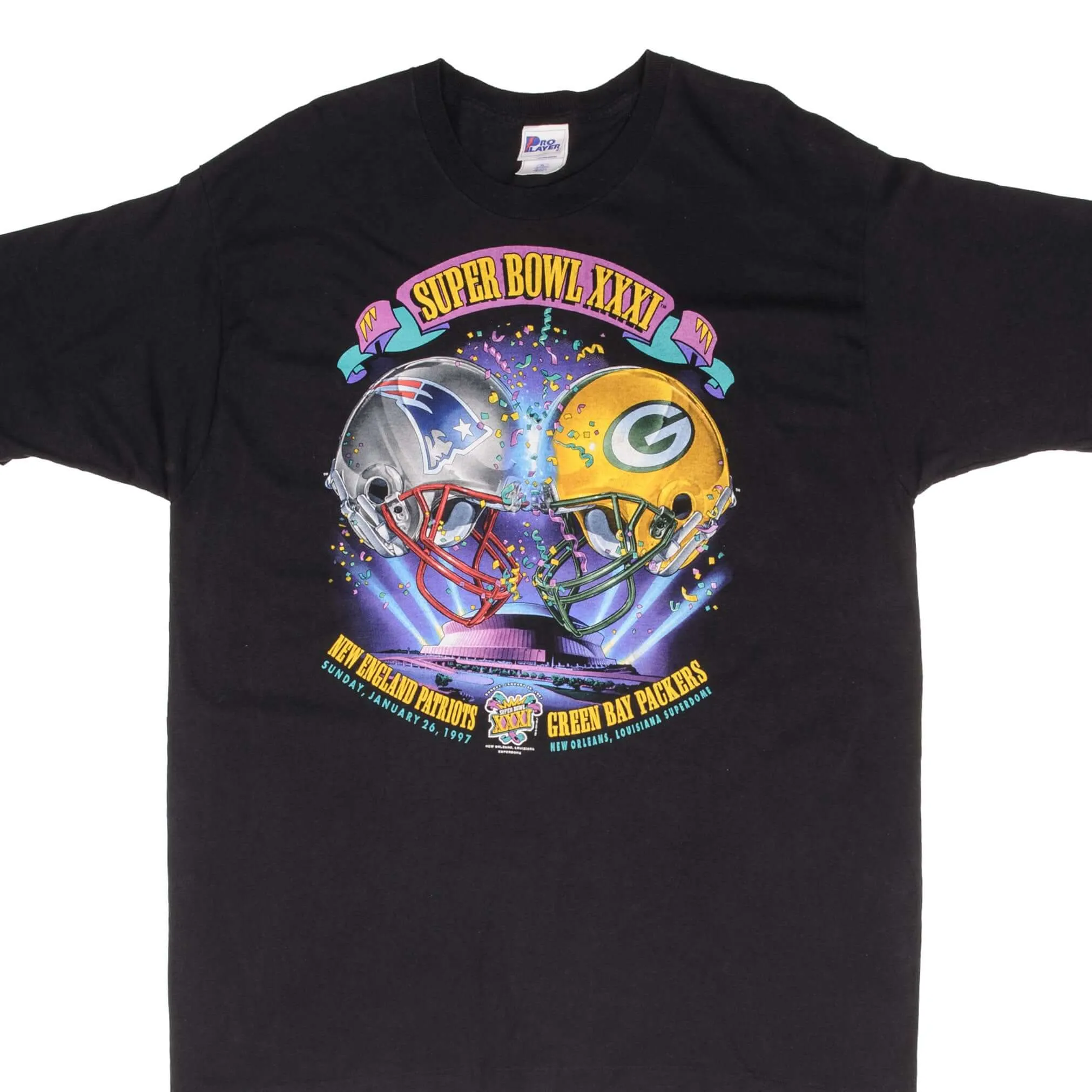 VINTAGE NFL PATRIOTS VS PACKERS SUPER BOWL XXXI 1997 TEE SHIRT XL MADE IN USA