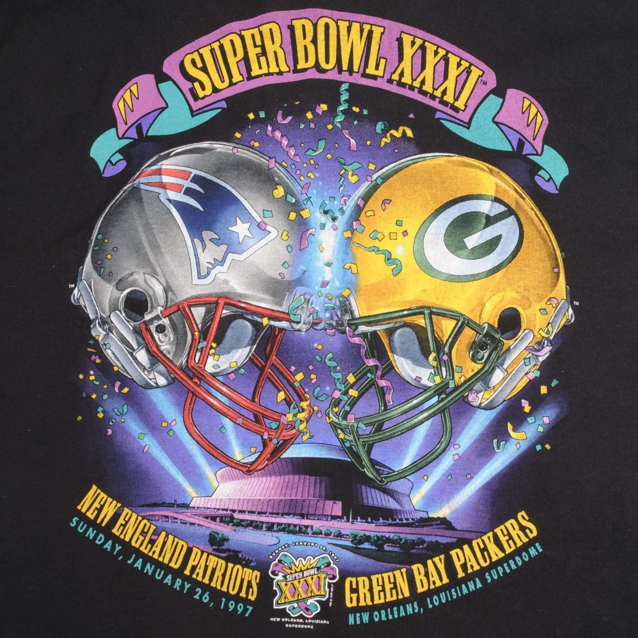 VINTAGE NFL PATRIOTS VS PACKERS SUPER BOWL XXXI 1997 TEE SHIRT XL MADE IN USA