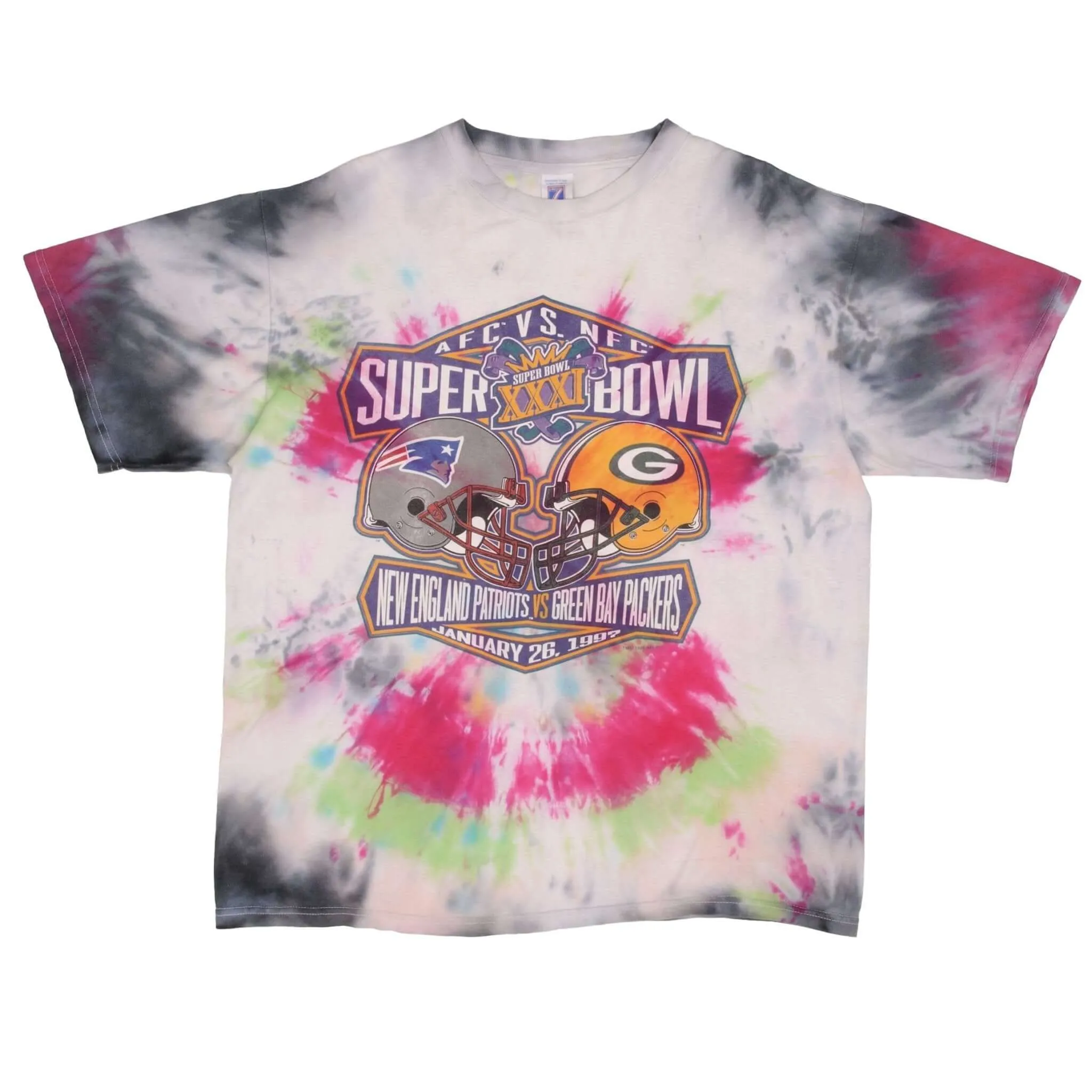 VINTAGE NFL PATRIOTS VS PACKERS SUPER BOWL XXXI 1997 TIE DYE TEE SHIRT SIZE XL