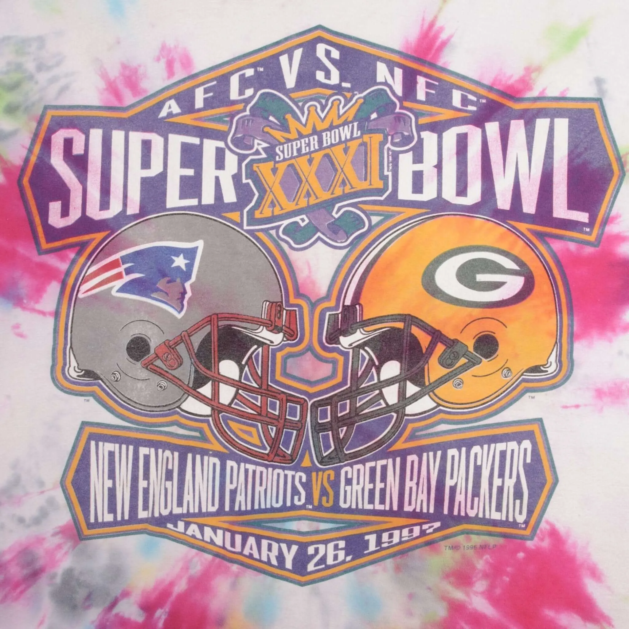 VINTAGE NFL PATRIOTS VS PACKERS SUPER BOWL XXXI 1997 TIE DYE TEE SHIRT SIZE XL