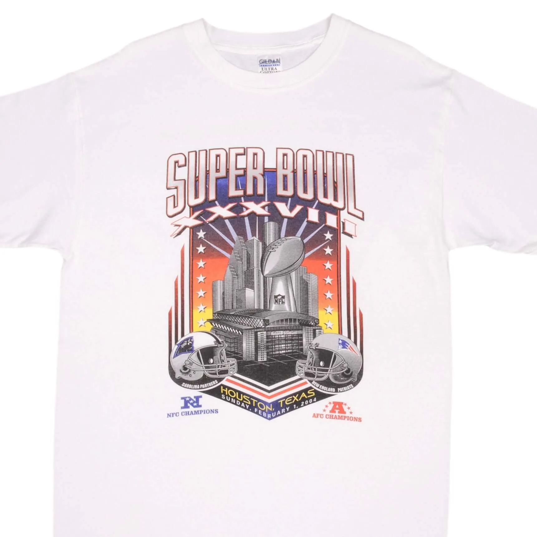 VINTAGE NFL PATRIOTS VS PANTHERS SUPER BOWL XXXVIII TEE SHIRT 2004 SIZE LARGE