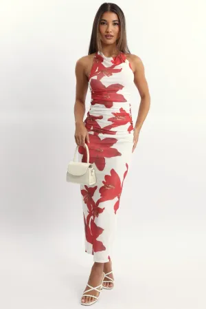 White Floral Bodycon Dress Halter Neck