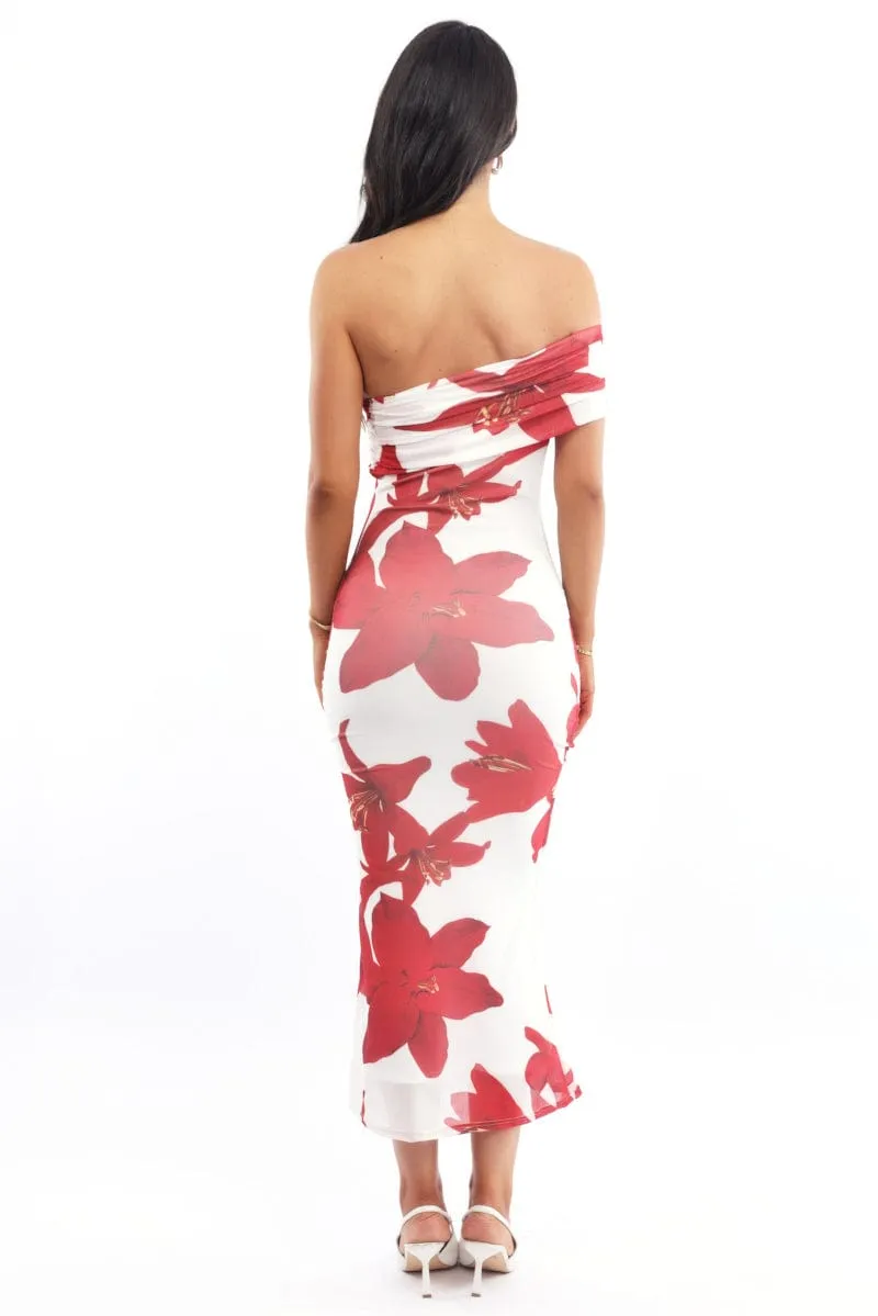 White Floral Bodycon Dress One Shoulder Mesh