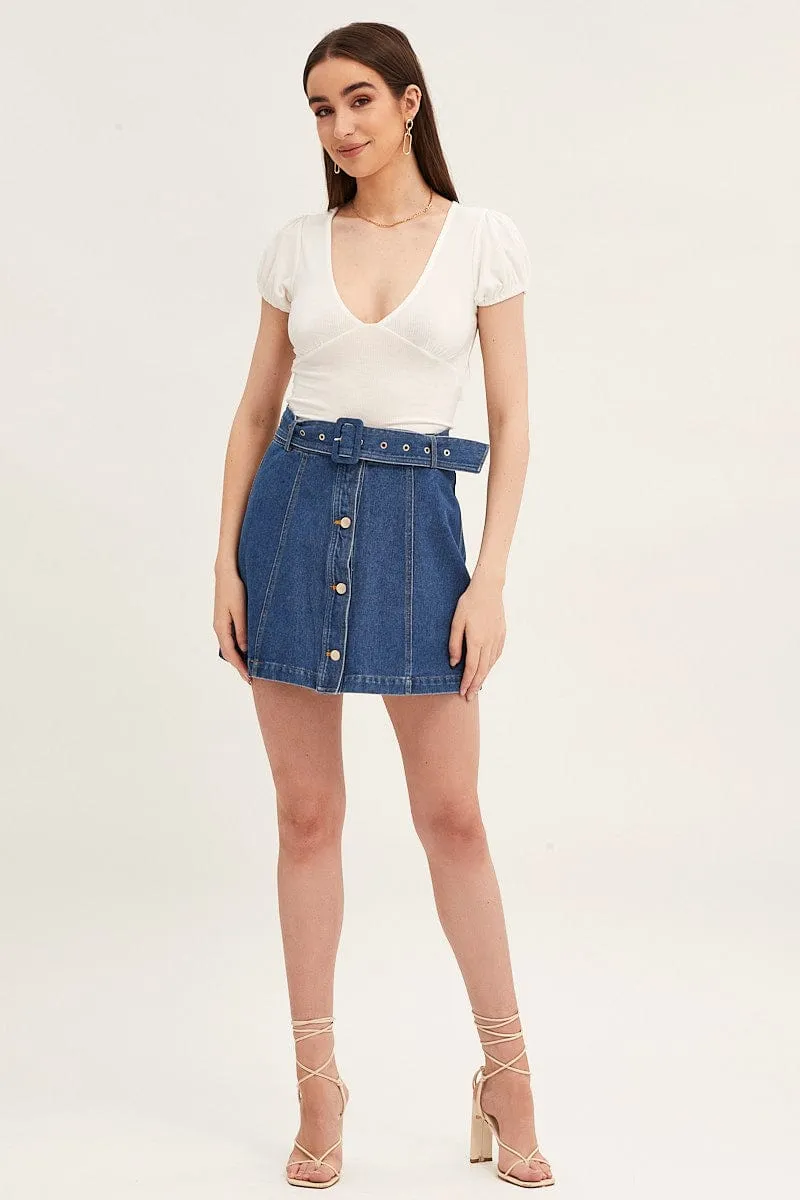 White Top Deep V Neck Puff Sleeve