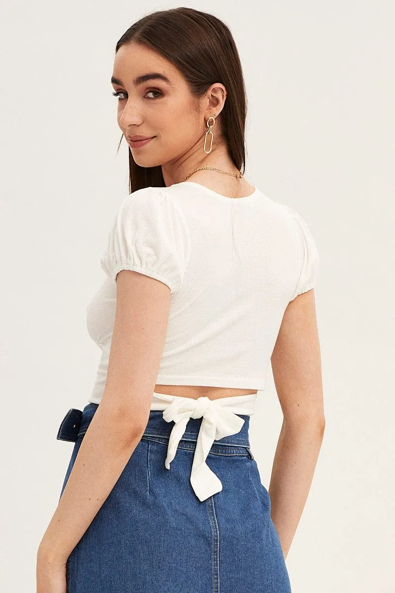 White Top Deep V Neck Puff Sleeve
